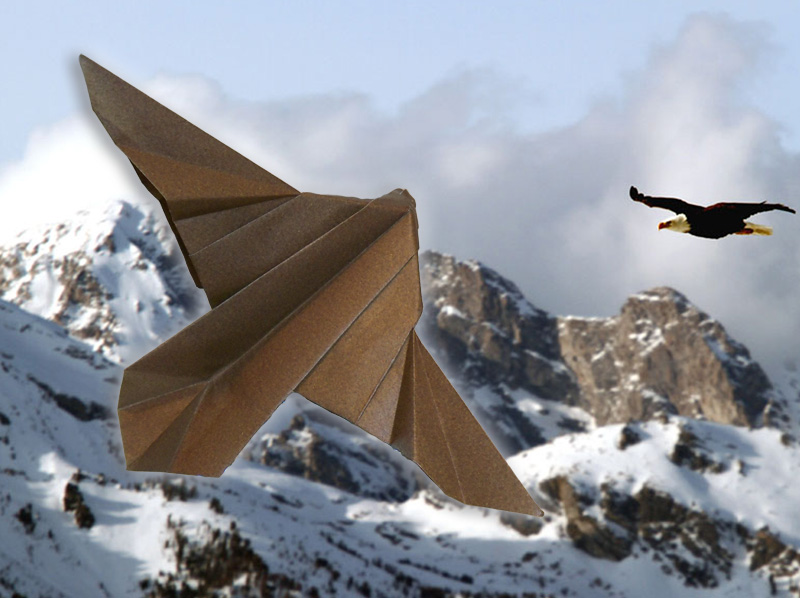 Pascal Khadem's Origami Eagle soaring<br>Photo background by Kevin Scofield